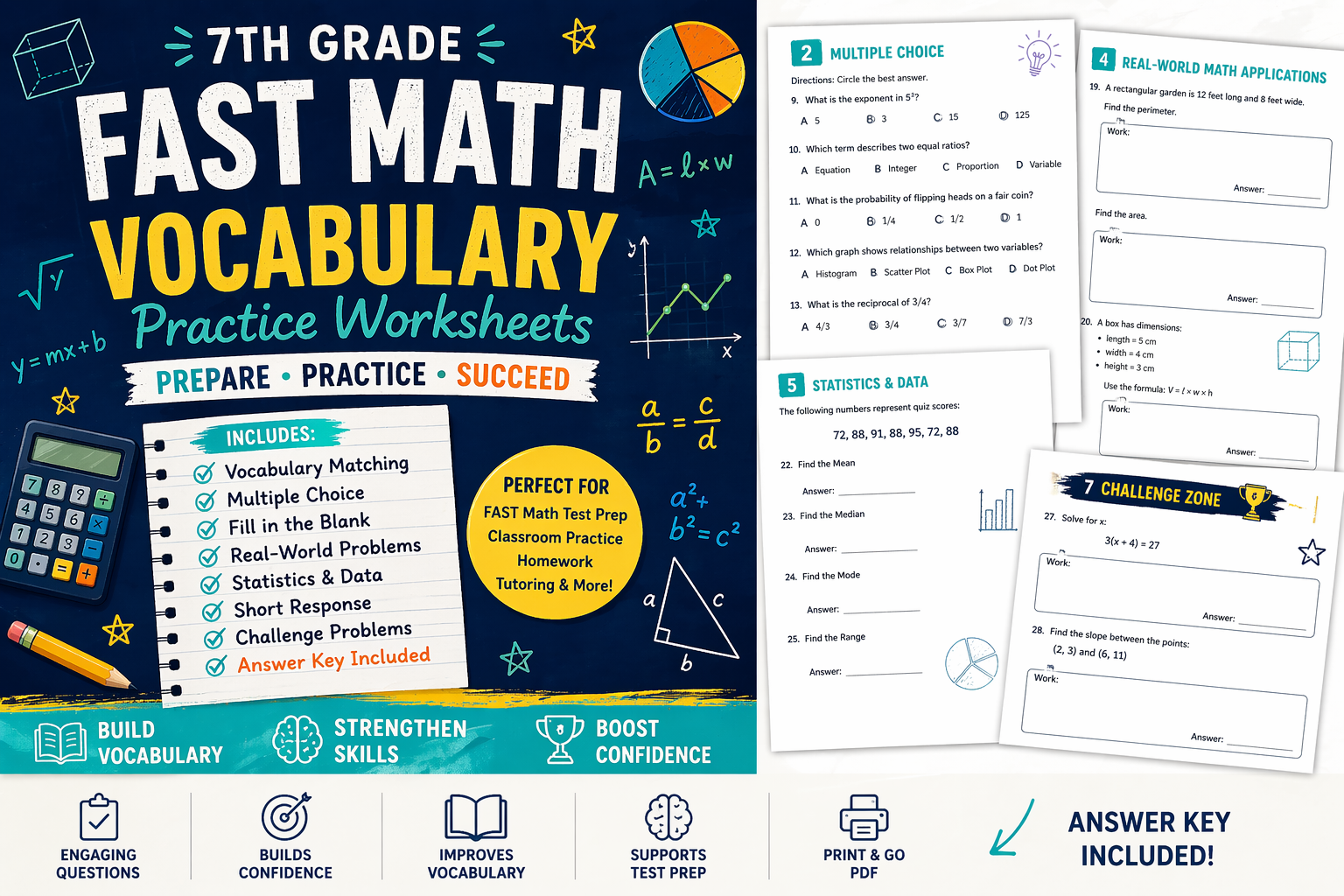 7th Grade FAST Math Vocabulary Practice Worksheet Bundle